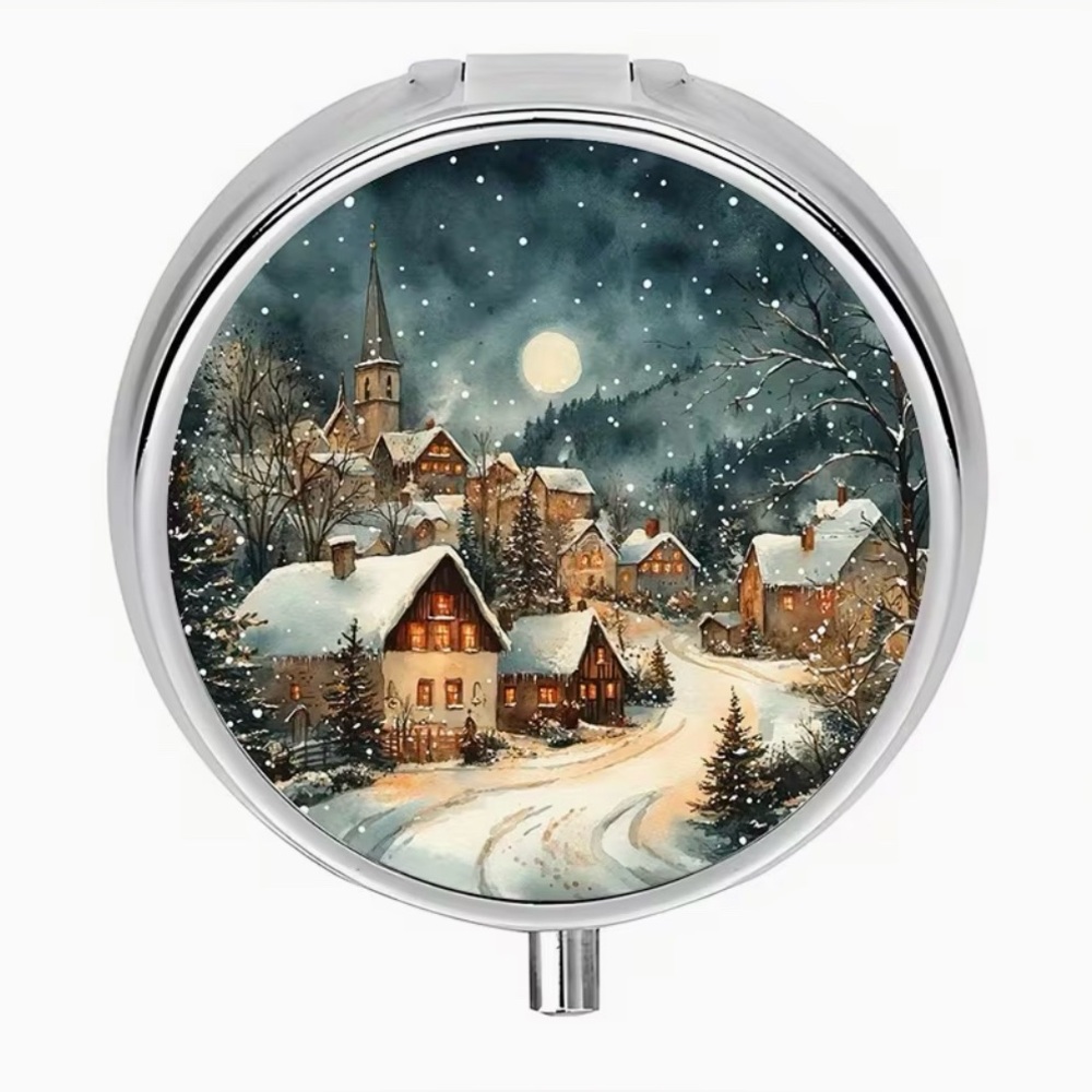 Winter Snowy Village Round Pill Organizer 3-Compartment Compact Pill Case New
